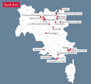 Carte des implantations des établissements Apprentis d'Auteuil en région Sud-Est